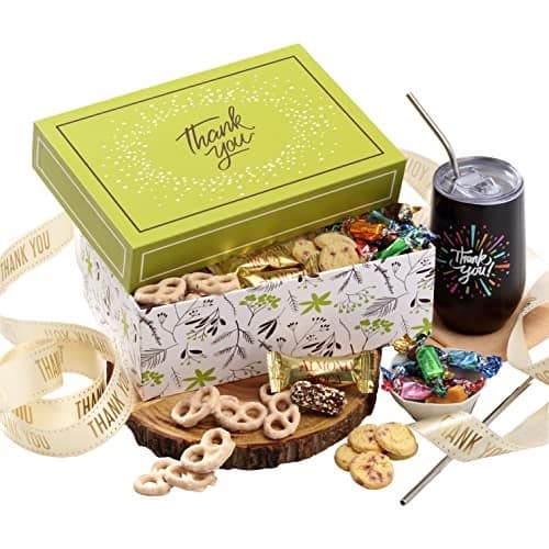 Broadway Basketeers Thank You Chocolate and Sweets Gift Box with a large 16oz Insulated Thank You Gift Mug Express Your Wishes with This Fun Filled Gift Box with Mom Dad Friends