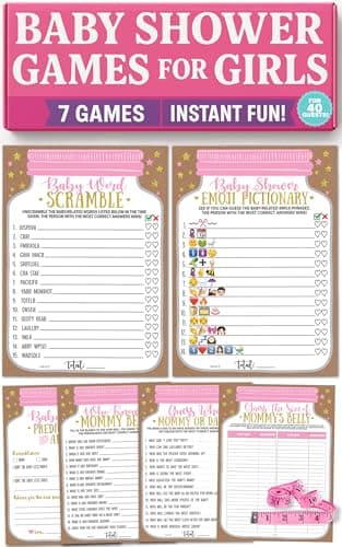 Neatz Baby Shower Games for Girl 7 Games Instant Fun Baby Prediction Cards Guess Who Mommy or Daddy Word Scramble Advice Cards Pictionary How Big is Mommys Belly Mason Jar Design