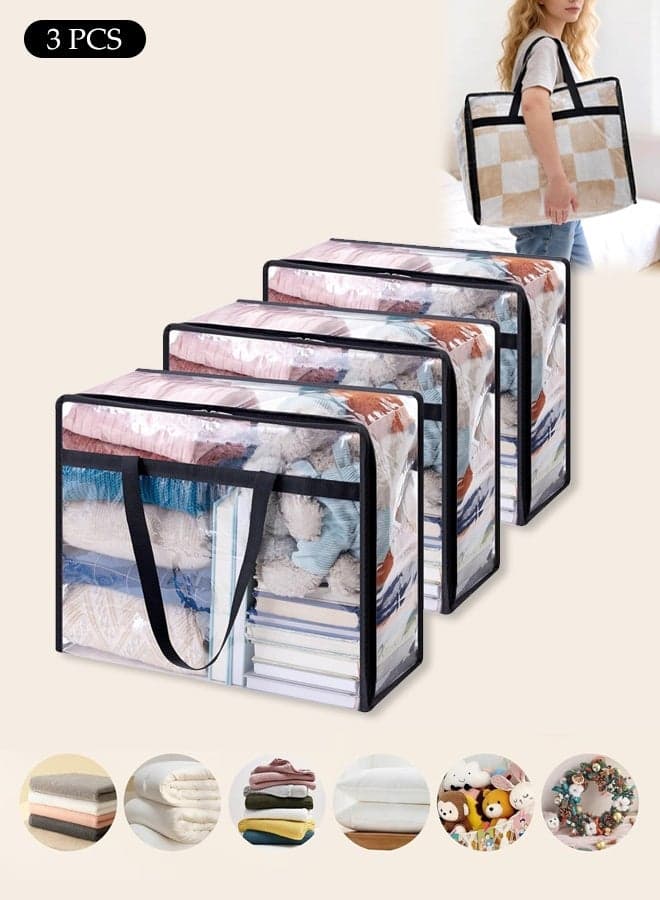3 Pack Clear Plastic Storage Bags, 40L Clothes Storage Bag with Zipper,Foldable Moving Bags with Reinforced Handle,Waterproof and Dustproof, Sturdy and Durable,for Loft Wardrobe for Bedding Clothes Blanket Duvet,46*23*38cm