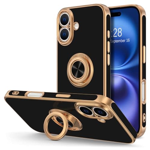 Hython for iPhone 16 Case with Ring Stand, 360° Rotatable Ring Holder Magnetic Kickstand, Plating Rose Gold Edge Soft Cover Protective Phone Case for iPhone 16 6.1", Black