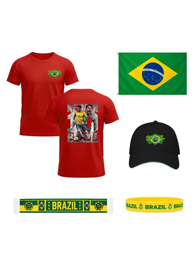 Brazil Football Sports Combo Set | Pack of 5 | Dry-Fit T-Shirt, Cap, Scarf, Flag and Silicone Wristband | Adult Unisex Soccer Match Outdoor Wear