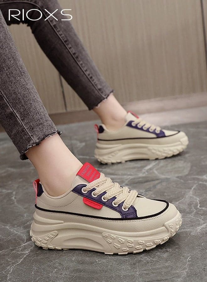 Women's Chunky Platform Sneakers, Classic Lace-Up Low Top Sneaker for Women, Fashionable Chunky Platform Sneaker, Non-Slip Breathable Walking Athlesiure Shoes, Ladies Comfort Shoes for Daily Wear/ Outdoor Activities, Woman Sneaker Fashion Footwear