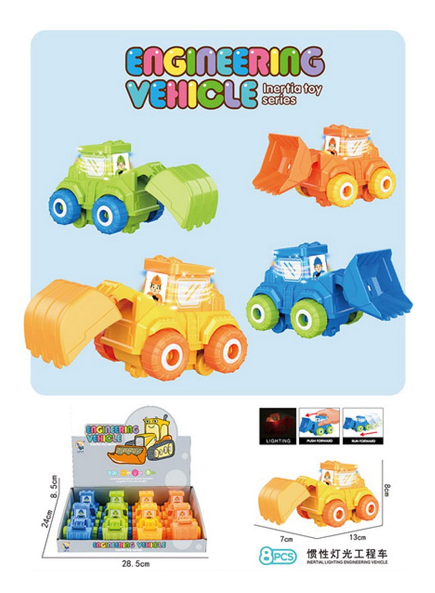 Construction Truck Toy Set Colorful Inertia-Powered Vehicles with Lights and Sounds for toddlers, 8 Pcs Set