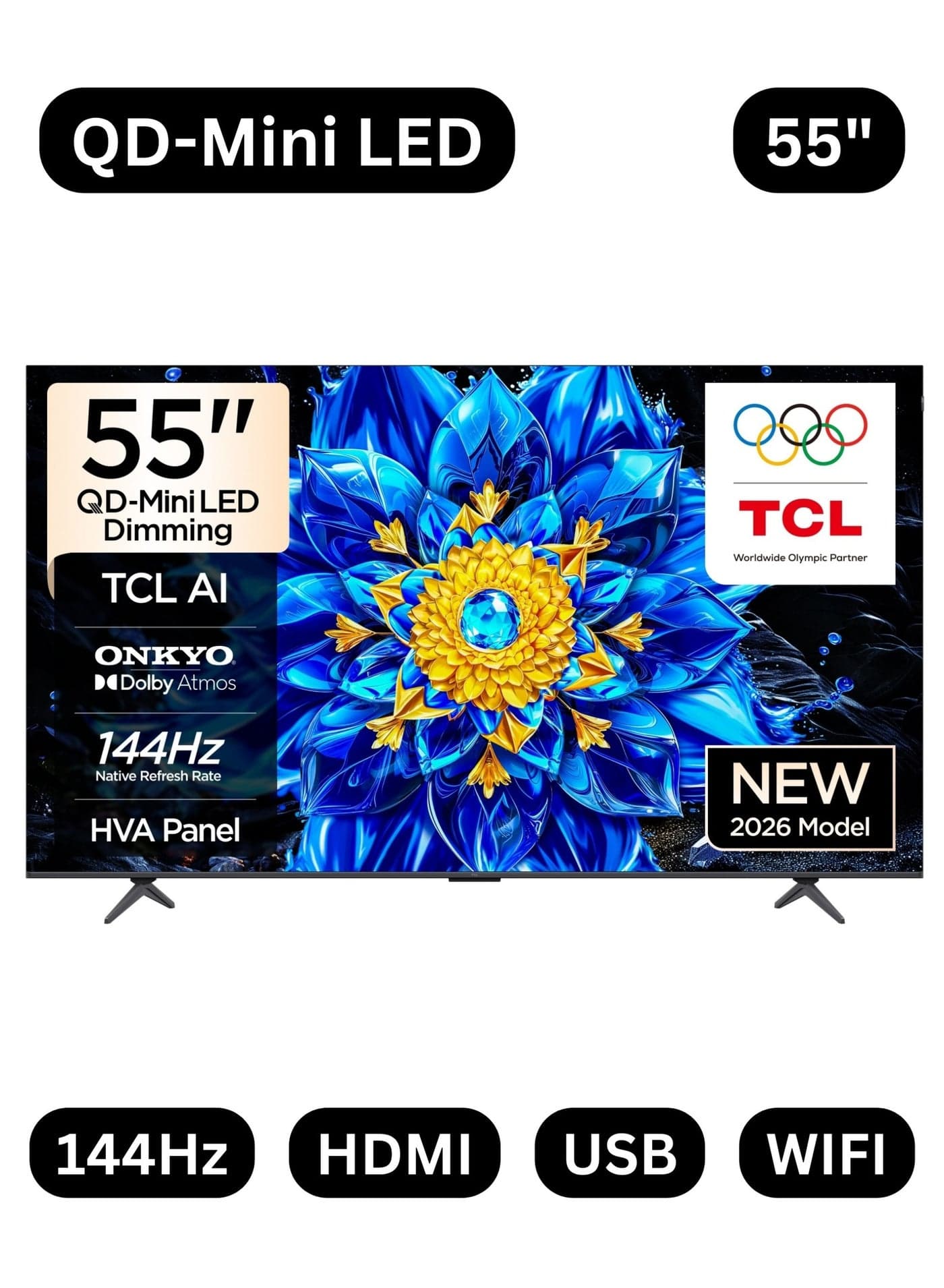 TCL Google TV 55 Inch P81L Premium QD-Mini LED Smart TV (2026 UAE Version) 93% DCI-P3 Color Gamut, 144Hz Refresh Rate, Dolby Vision, ONKYO 2.0 Hi-Fi System, DTS Virtual X, Dolby Atmos, 55" 4K TV 55P81L Black