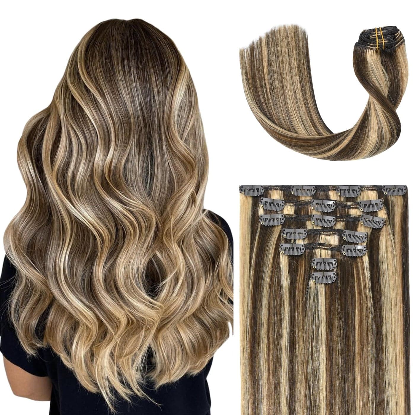 UGOTRAYS Clip in Hair Extensions Real Human Hair Highlight Chocolate Brown to Caramel Blonde 18 Inch 70g 7pcs for Women 4p27