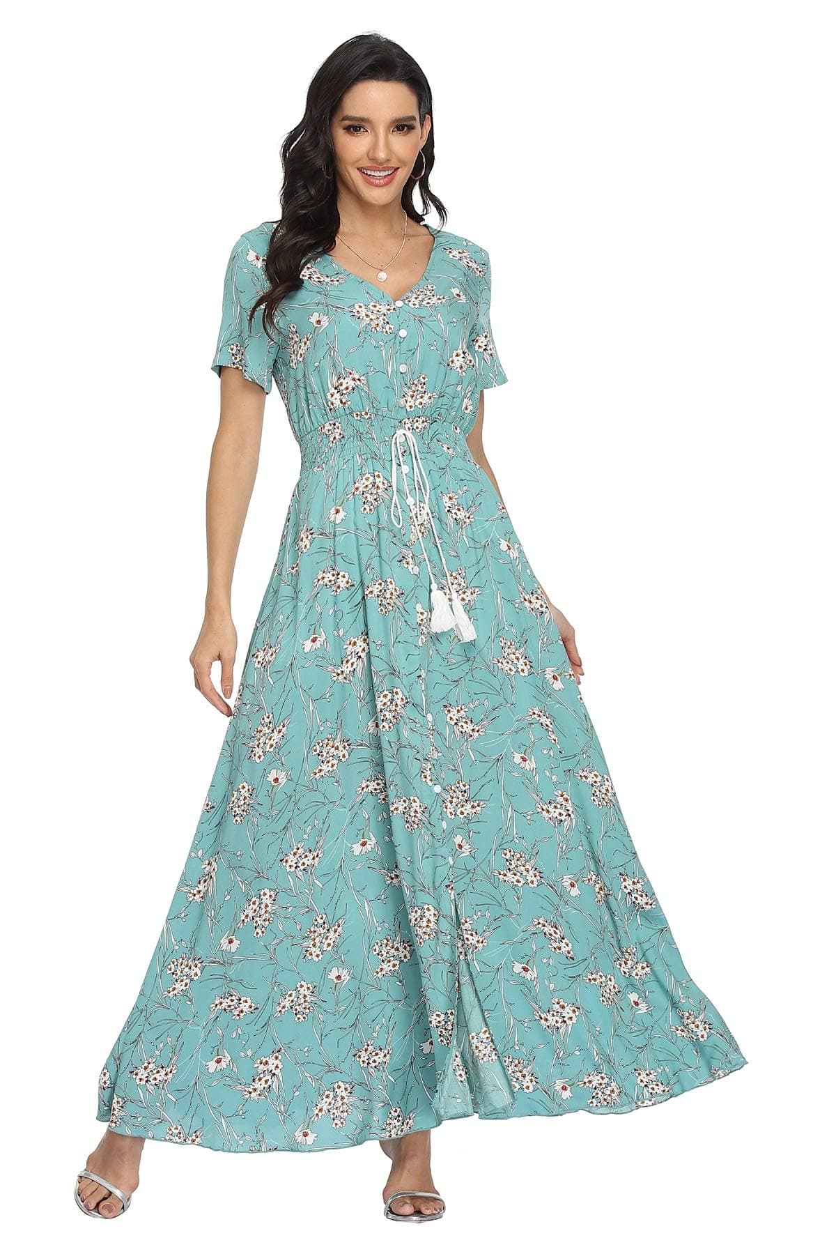 VintageClothing Women's Floral Maxi Dresses Boho Button Up Split Summer Casual Long Dress Beach Party Dress, Blue Turqouise, M