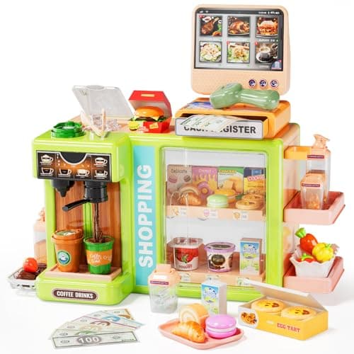 Pupu Pig Kids Grocery Store Playset Fun Play Store with Realistic Cash Register Toy Scanner Play Food Coffee Maker Play Money Credit Card Preschool Toys for Girls Boys Birthday Gifts 3
