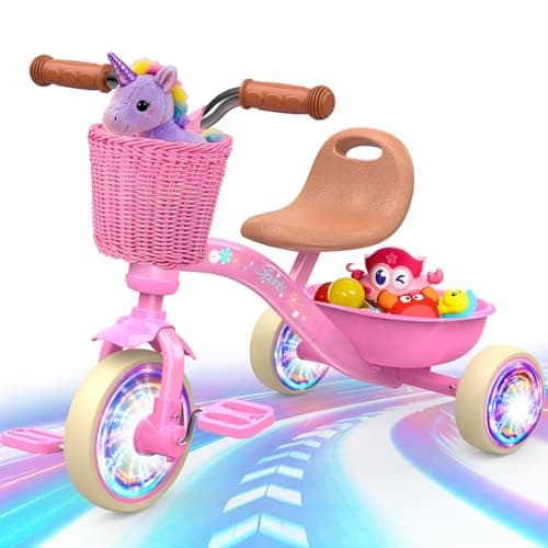 Kkdi Toddler Tricycle for 13 35 Year Olds 2 3 4 5 Year Old Girl Birthday Gifts Pink Toddler Baby Bike Outdoor Riding Toys for Ages 24 4Level Adjustable Seat 3 Color Light Wheels 2 Baskets