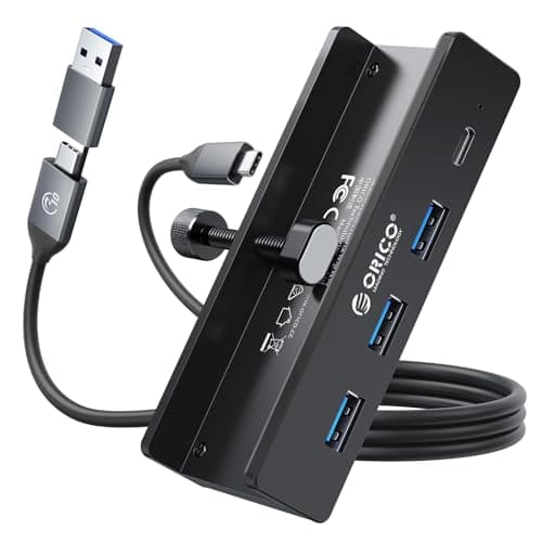 ORICO USB Hub 30 Clamp USB Hub with Extra Power Supply Port Aluminum 4Port USB Adapter with 3 USBA Data Ports USBC Port for Monitors Desks Black