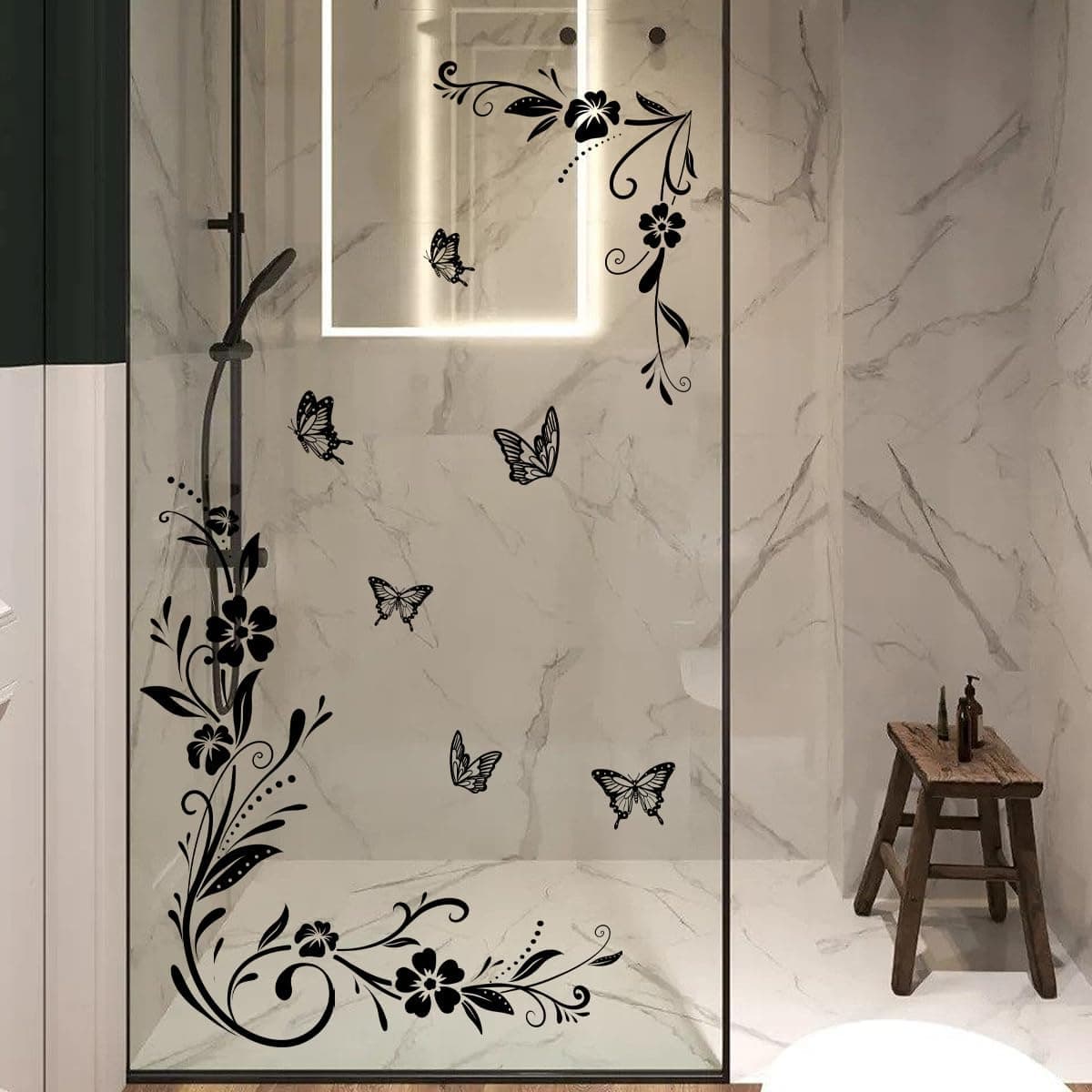 Runtoo Flower Vines Wall Stickers Black Floral AntiCollision Window Cling Decals Butterfly Glass Door Wall Decor for Bathroom Living Room Bedroom Nursery Office Decoration