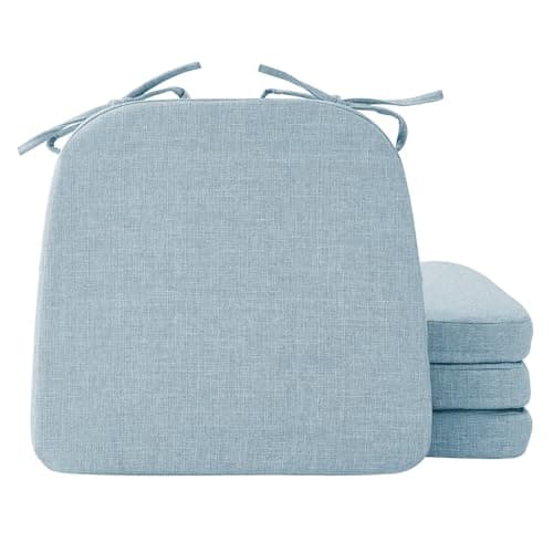 Ruqmuis Chair Cushions for Dining Chairs, 2" Thick Seat Cushions for Kitchen Chairs, D-Shaped Chair Pads with Washable Cover, Ties and Non Slip Backing, 17'' x 16'', Set of 4, Light Blue