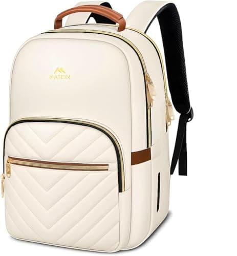 MATEIN Lightweight Quilted Laptop Backpack for Women 156 Inch Slim Design Laptop Backpack with Leather Handles Fashion Teacher Nurse Bag Perfect for Work and Commute Beige