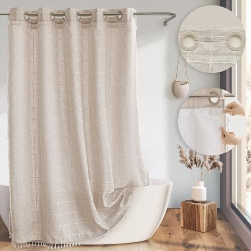 Farmhouse Shower Curtain with Snap-in Liner, No Hooks Needed,Boho Fabric Shower Curtains with Tassels for Rustic Neutral Bathroom Decor,with Magnets,Water Repellent&Machine Washable,Linen,71x74Inch