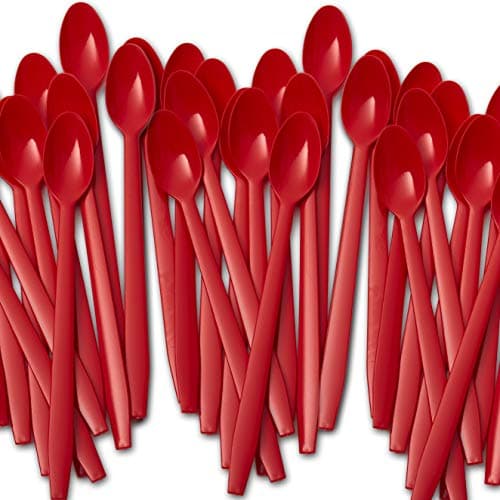 Extra Sturdy Super Fun Red 8in Sundae Spoons 100ct Heavy Duty Disposable Plastic Utensils for Ice Cream Milkshakes Tea and Floats Best Long Spoon for Stirring Cocktails and Tall Iced Beverages