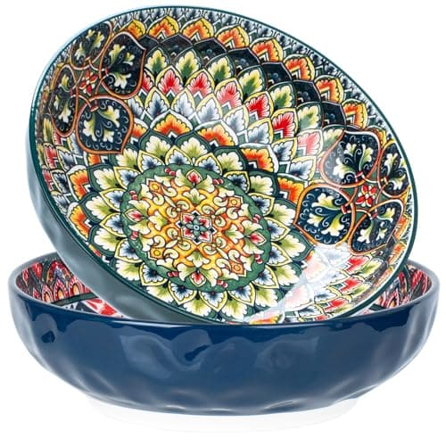 Ronanemon 75 Oz Serving Bowls,Bohemian Style Large Porcelain Dishes for Entertaining Parties,Big Bowls for Eating Soup, Salad, Pasta, Fruit, Chips, 10.3 Inch Diameter (blue.green)