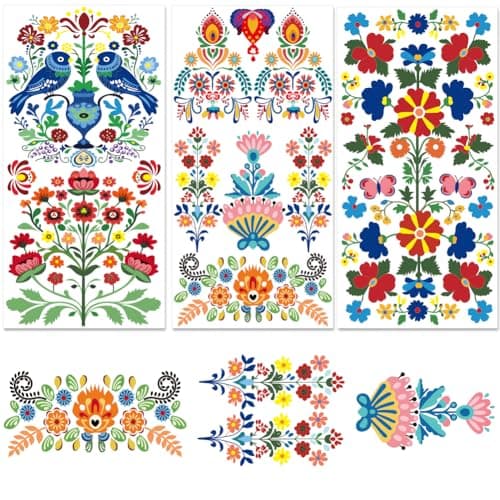 BEUNITONE 3 Sheet Flowers Rub on Transfers for Crafts and Furniture 59x118inch Ethnic Flowers Pattern Wall Stickers Colorful Flower Rub on Transfers for Furniture Home Office Wall Wood Paper Decor