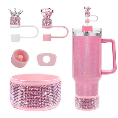 JIASHEBDE Crown & Diamond Rhinestone Accessories Set for Stanley Cup – Bling Straw Covers, Spill Proof Stoppers, Glitter Silicone Boot for Stanley Quencher H2.0 40oz/30oz Tumbler (Pink)