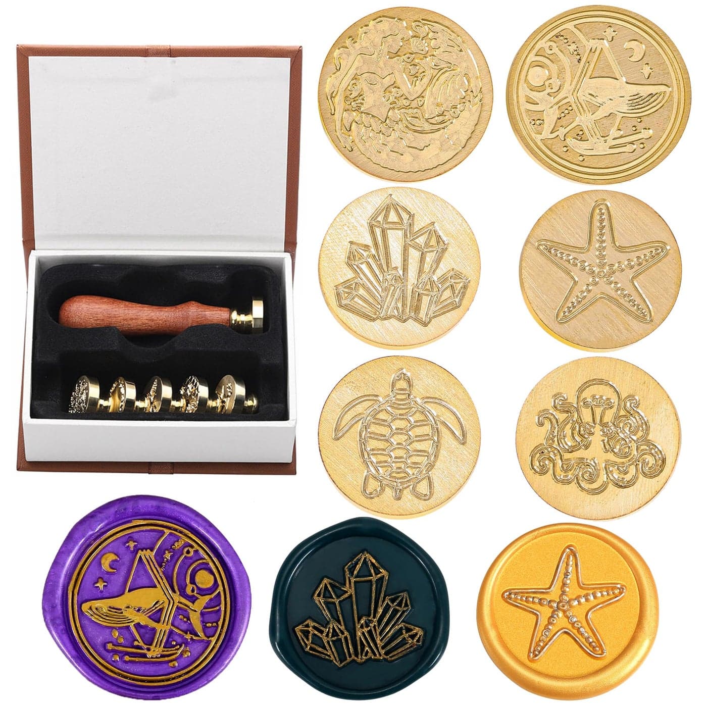 Yoption 6 Pcs Wax Seal Stamp Set Ocean Crystal Mermaid Sealing Wax Stamps Kit Wooden Handle with Brass Head for Wedding Christmas Invitation Gift Cards