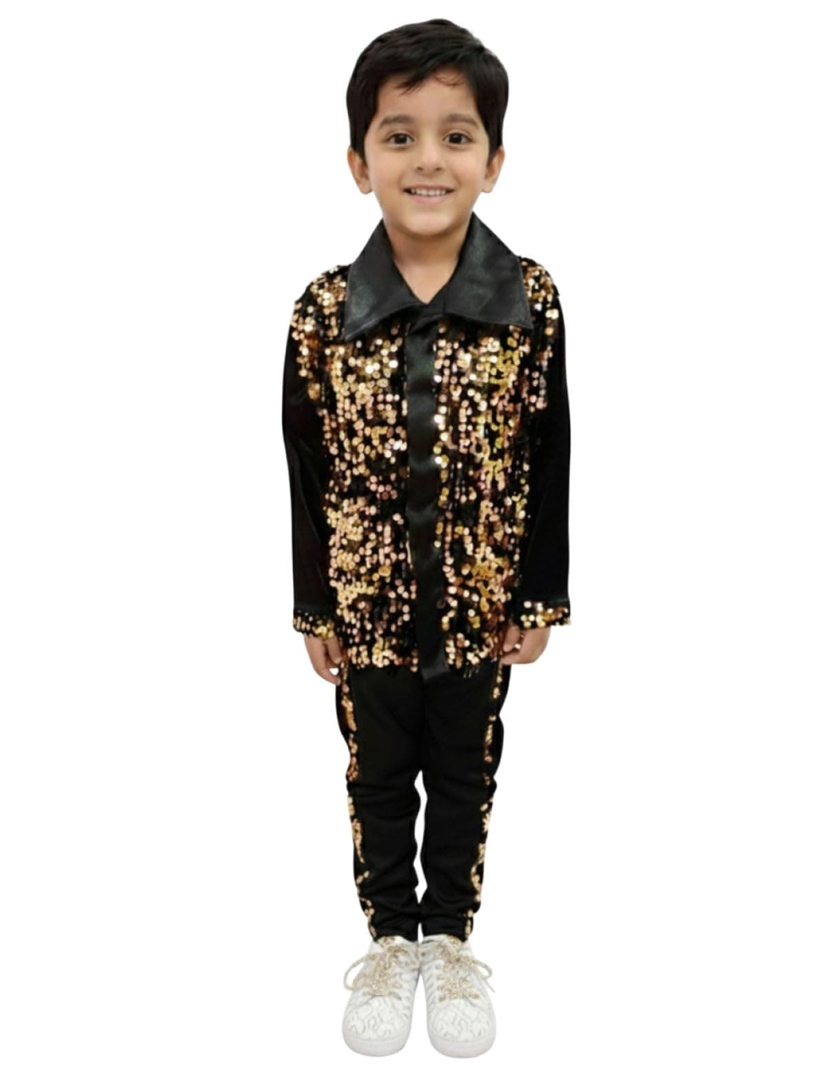 BookMyCostume Western Dance Costume for Boys – Black & Golden Sequin Collared Shirt & Pants Set | Annual Day Dance Dresses & Fancy Dress for Stage Shows & Performances | 10-12 Years