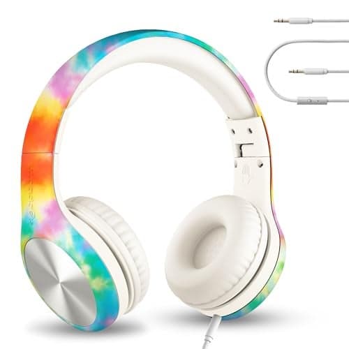 LilGadgets Over-Ear Wired Headphones for Kids - Connect+ Pro Tie-Dye Rainbow with Mic & 3.5mm Jack - 93dB Volume Limited, SharePort & Foldable School Headphones