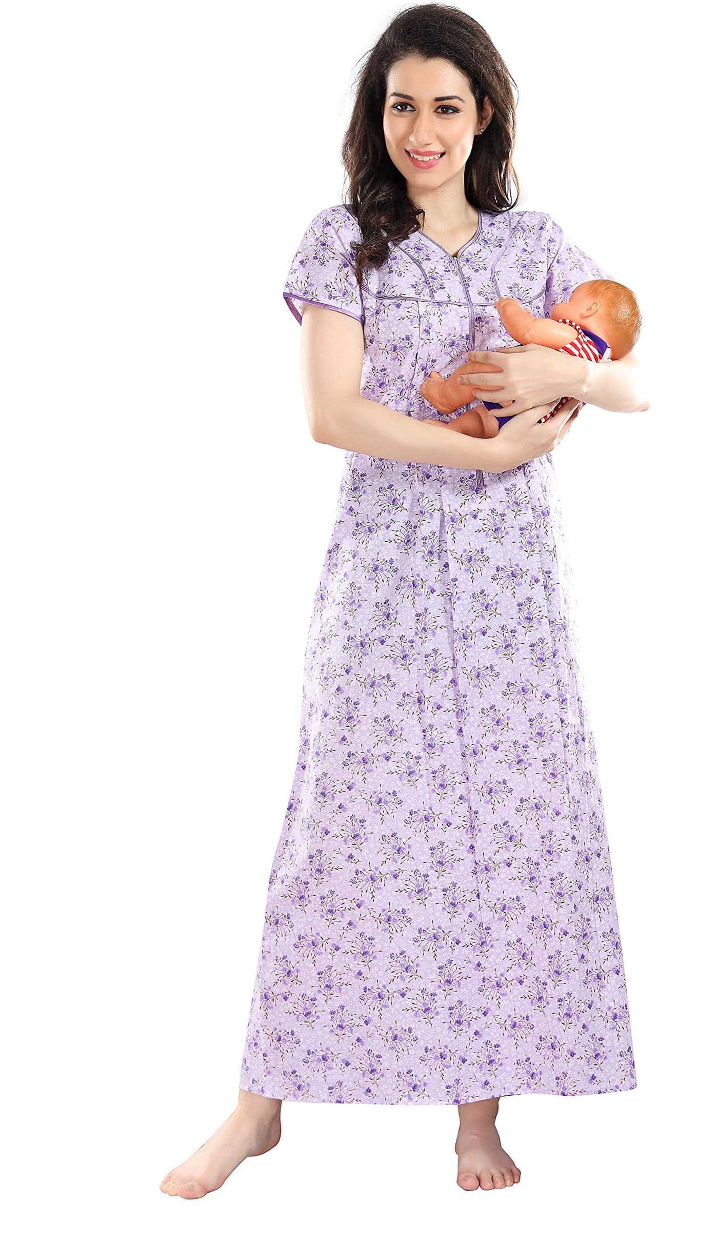 AV2 Women's Cotton Printed Feeding, Nursing Maternity Maxi Nighty (1184EM_Purple_M)