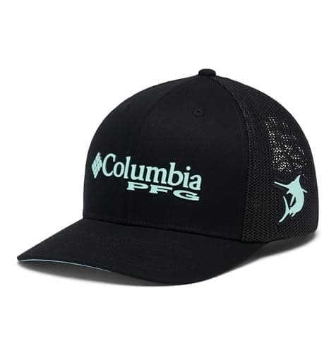 Columbia Unisex PFG Logo Mesh Ball Cap, Blue Echo/Shark/Anthem Graphic, S/M