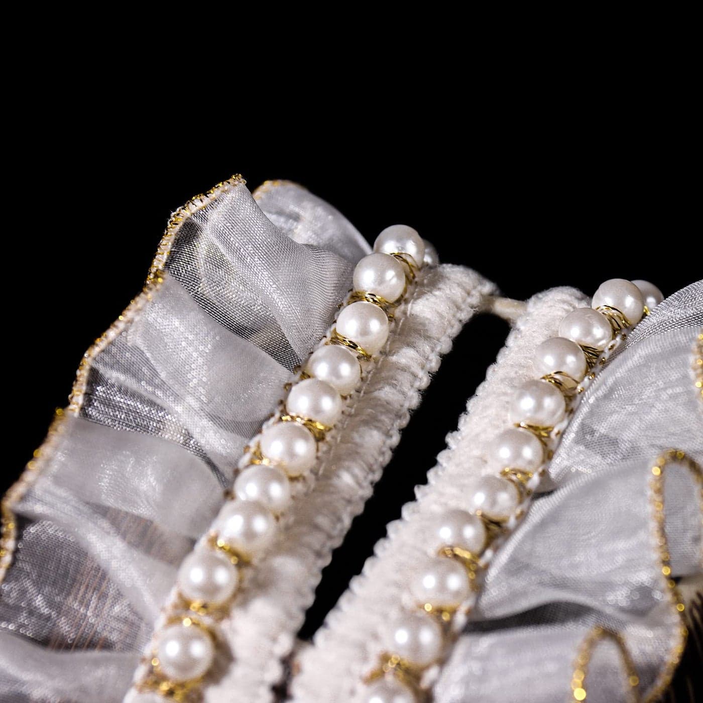 SHAYUAN 3 Yards Lace Edge Ruffle Trim Ribbon Pleated 15 Inch Wide White Organza Fabric with Gold Edging Trimmings Applique Pearl Beads for Sewing Craft Doll Pet Clothes Dress Decoration