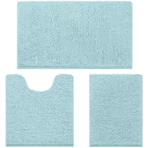 HOMEIDEAS 3 Pieces Bathroom Rugs Ultra Soft Non Slip Absorbent Chenille Toilet Bath Mat Set Light Blue