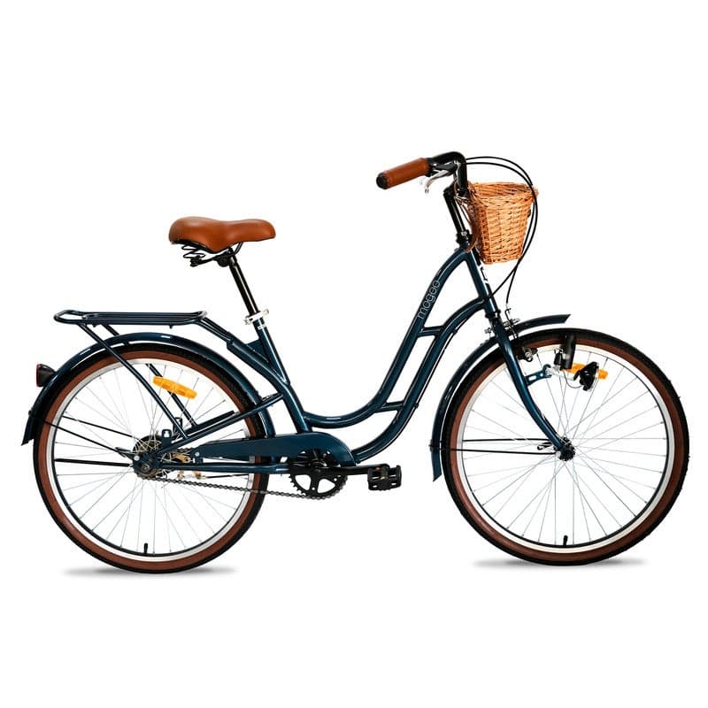 Florida Vintage 24-Inch City Bike For Women & Girls | 24 Inch Wheel Sizes | Simple Single-Speed Drivetrain | Durable Steel Step-Through Frame with Front Wicker Basket | Rear Carrier & Dynamo Headlight - Royal Blue