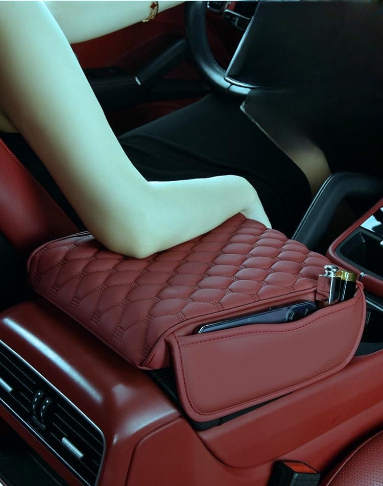 Automaze Center Console Arm-rest Cover Pad With Side Pockets, Universal Fit for SUV's, Car Armrest Seat Box Cover, Leather Auto Armrest Cover (Red, For SUV's-XL)