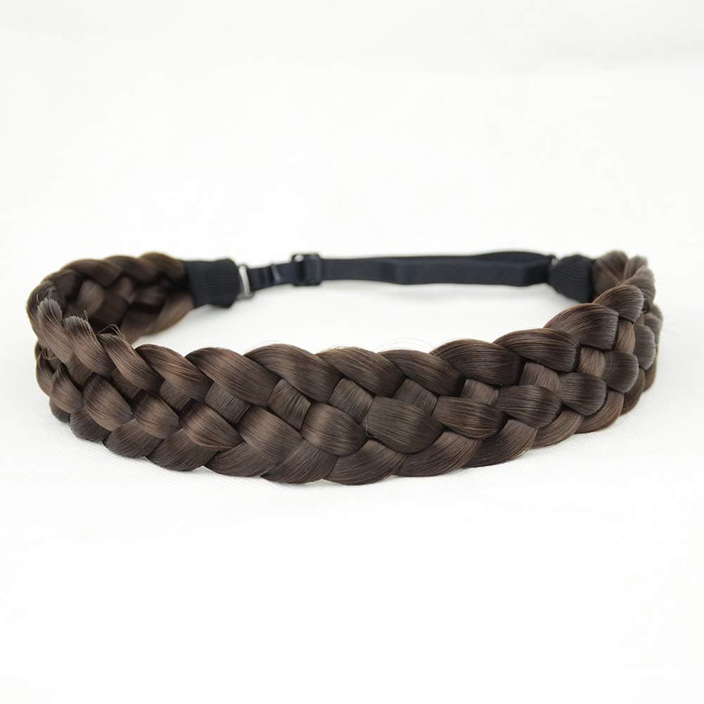 BOBIYA 5 Strands Synthetic Hair Braided Headband Classic Chunky Wide Plaited Braids Headband Elastic Stretch Braid Headband for Women Girl Chocolate
