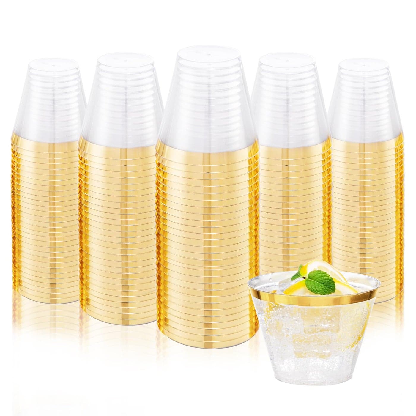 Ciaell 200PCS Gold Plastic Cups 9Oz Heavy Duty Disposable Clear Plastic Cups with Gold Rim for Party Wedding Graduation