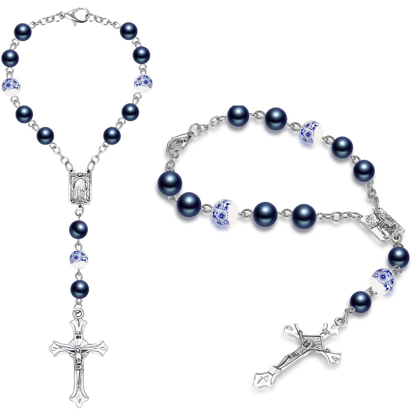 Konohan 2 Pieces Car Rosary Rearview Mirror Auto Rosary Religious Car Mirror Hanging Accessories for Automotive Personalized Protection Charm for Auto DecorsCeramicBlue