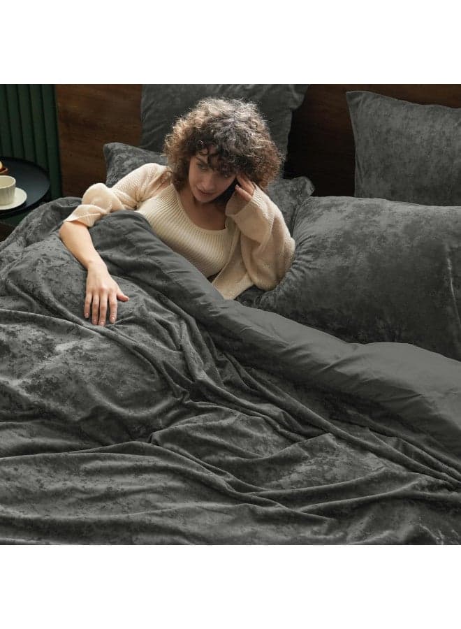 PHF Truly Velvet Duvet Cover Set King Size, 3pcs Ultra Soft Breathable Comforter Cover Set, Luxury Cozy Flannel Duvet Cover with Pillow Shams Bedding Collection, 104" x 90", Dark Gery