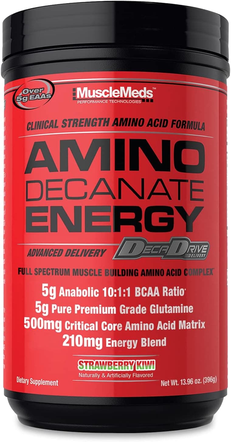 MuscleMeds Amino DECANATE Energy Pre Intra Workout Drink Essential Amino Acids BCAAs High Leucine Glutamine Muscle Recovery Strawberry Kiwi 30 Servings