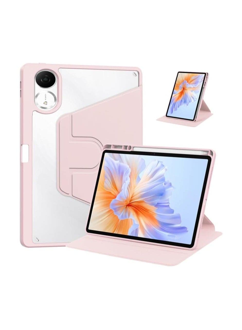 Case for Xiaomi Redmi Pad 2 11-inch 2025 Smart Tablet Leather Case with Auto Wake/Sleep, 360° Rotating Stand Cover Acrylic Clear Back Cover with Pencil Holder (Pink)