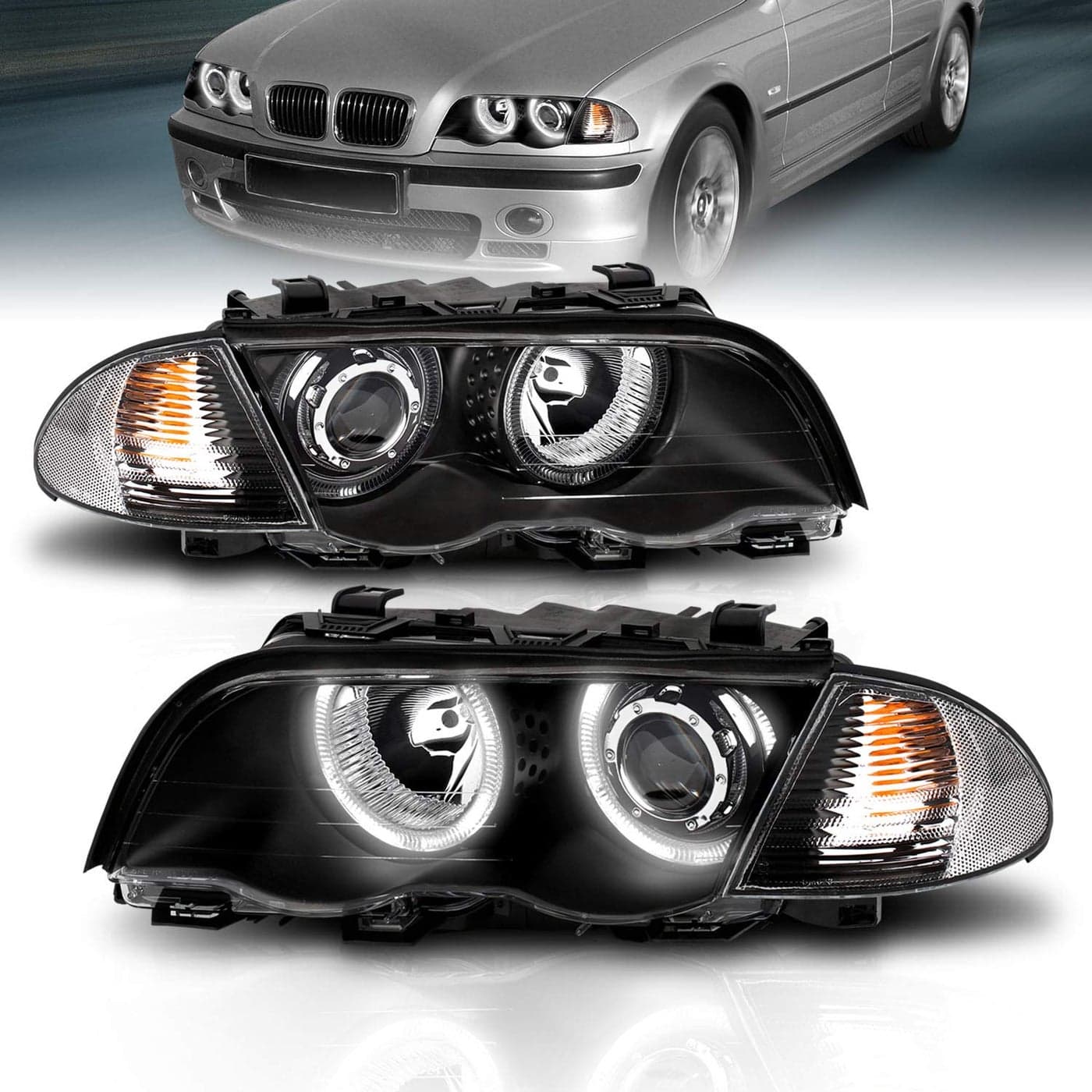 AmeriLite Black Projector Headlights with Halo for 1998-2001 BMW 3 Series E46 Sedan