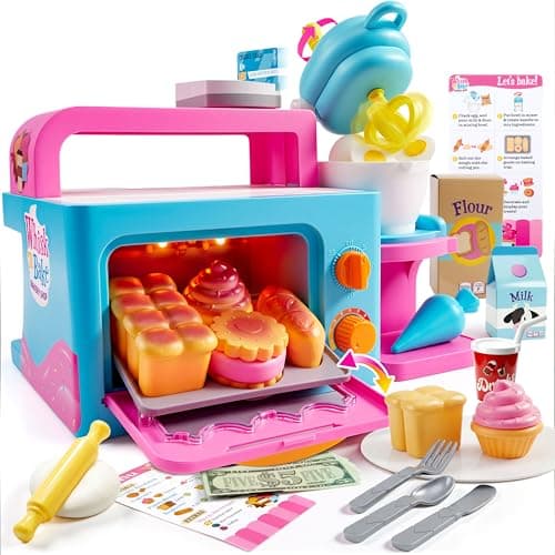 JOVA lalalark Bakery Shop Pretend Role Play Toddler Toy with Light Sound Oven Realistic Mixer Color Changing Cookies 20 Pieces Play Kitchen Food Accessories Easter Birthday Gift for Boys Kids