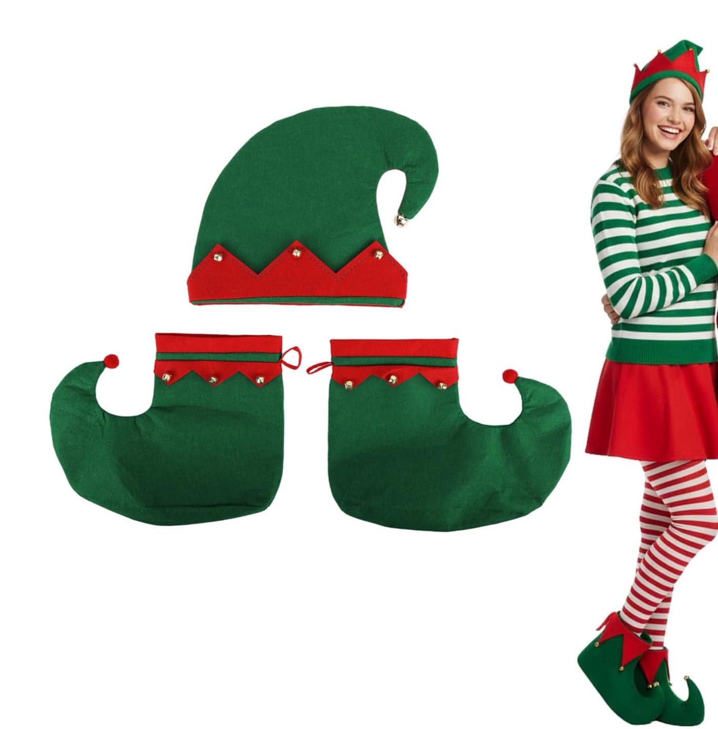 PATPAT® Christmas Elf Costume Shoes Set 3pcs Felt Elves Hat & Boots Christmas Novelty Gift, Fun Xmas Party Accessories for Decoration & Cosplay, Bells Elf Fancy Dress Costume for Women Men