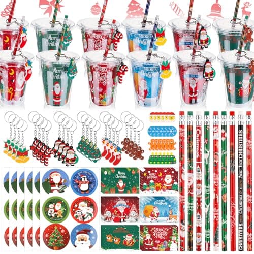 Baderke 144 Pcs Christmas Return Gifts for Birthday Student Stationery Gifts from Teacher Classroom Gift Pencil Erasers Keychain Sticker for Christmas Classroom Birthday Goodie Bags Rewards Prizes