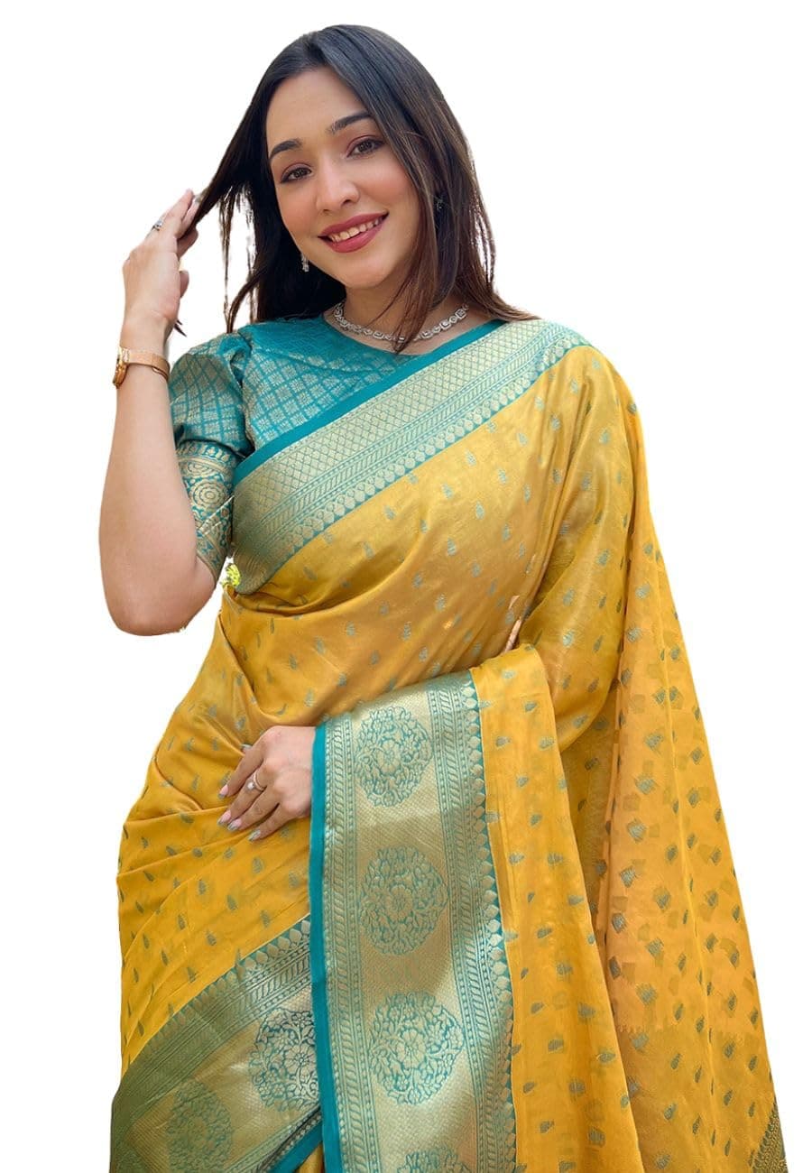 SGF11 Women's Kanjivaram Designer Soft Silk Sarees With Blouse Piece (Yellow)
