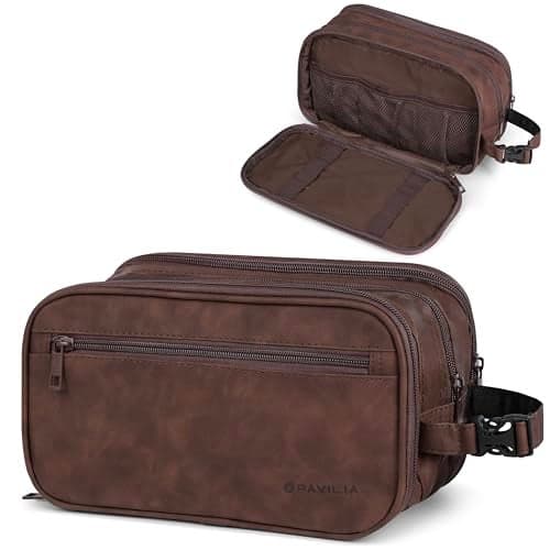 PAVILIA Toiletry Bag for Men, Travel Toiletries Bag | Water-resistant Dopp Kit, PU Leather Shaving Pouch Organizer for Accessories, Cosmetic, Hygiene, Grooming Essentials (XL, Dark Brown)