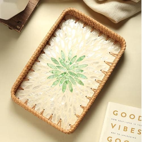 Habere India-All the Cultures Fabricating India Rattan Serving Tray | Wooden Tray for Decoration | Tea Trays - Rectangular (L-36x26x5 CM)