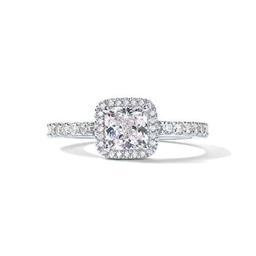 PAVOI 14K Gold Plated Square Halo Ring for Women | Promise Rings for Her (White Gold, 7)
