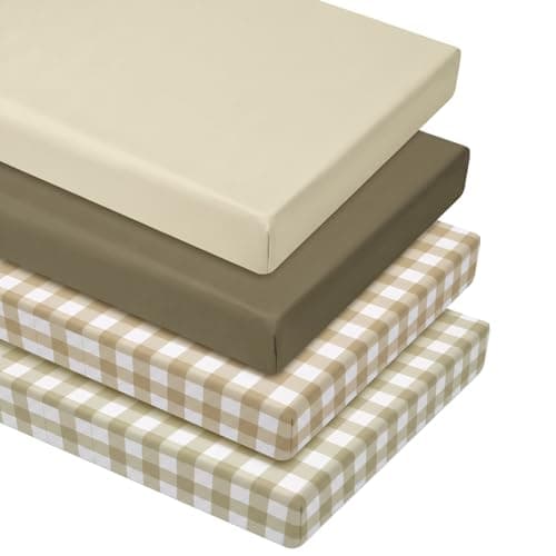 VitalCozy 4 Pcs Checkered Khaki Crib Sheet Set Newborn Bedding Nursery Baby Sheets for Girl Boys Baby Gifts for Standard Crib and Toddler Mattresses, 52 x 28 x 8 Inches