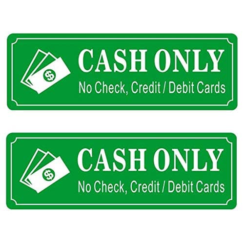 Outdoor/Indoor (2 Pack) 9" X 3" - Cash Only No Check Credit Debit Cards - Cashier Money Notice Sign Vinyl Label Sticker Decal - For Business Store, Shop, Office, Restaurant - Back Self Adhesive Vinyl