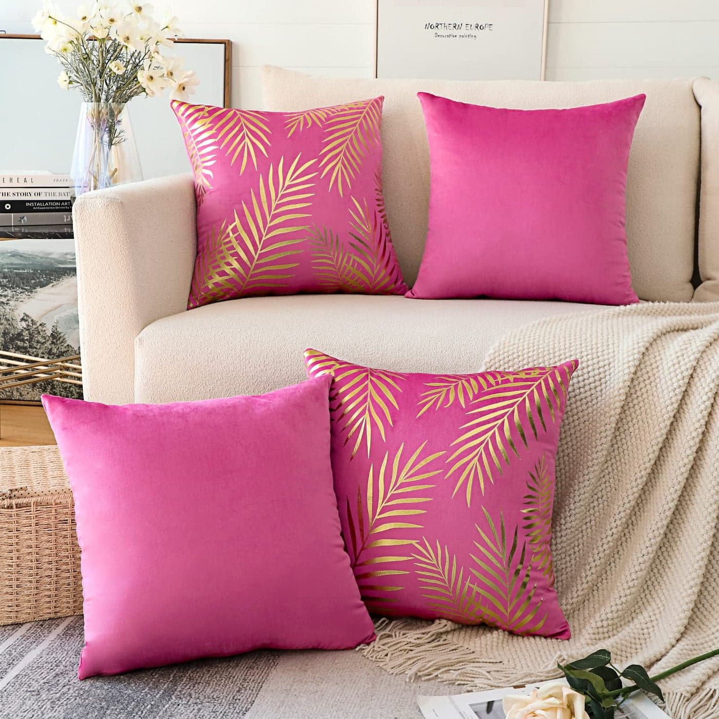 JOTOM Velvet Soft Cushion Covers Gold Leaves Modern Decorative Pillow Covers Bronzing Pillow Cases Square Throw Pillow Covers for Bedroom Sofa Car Home Couch Decor 45 x 45 cm Pack of 4 Hot Pink