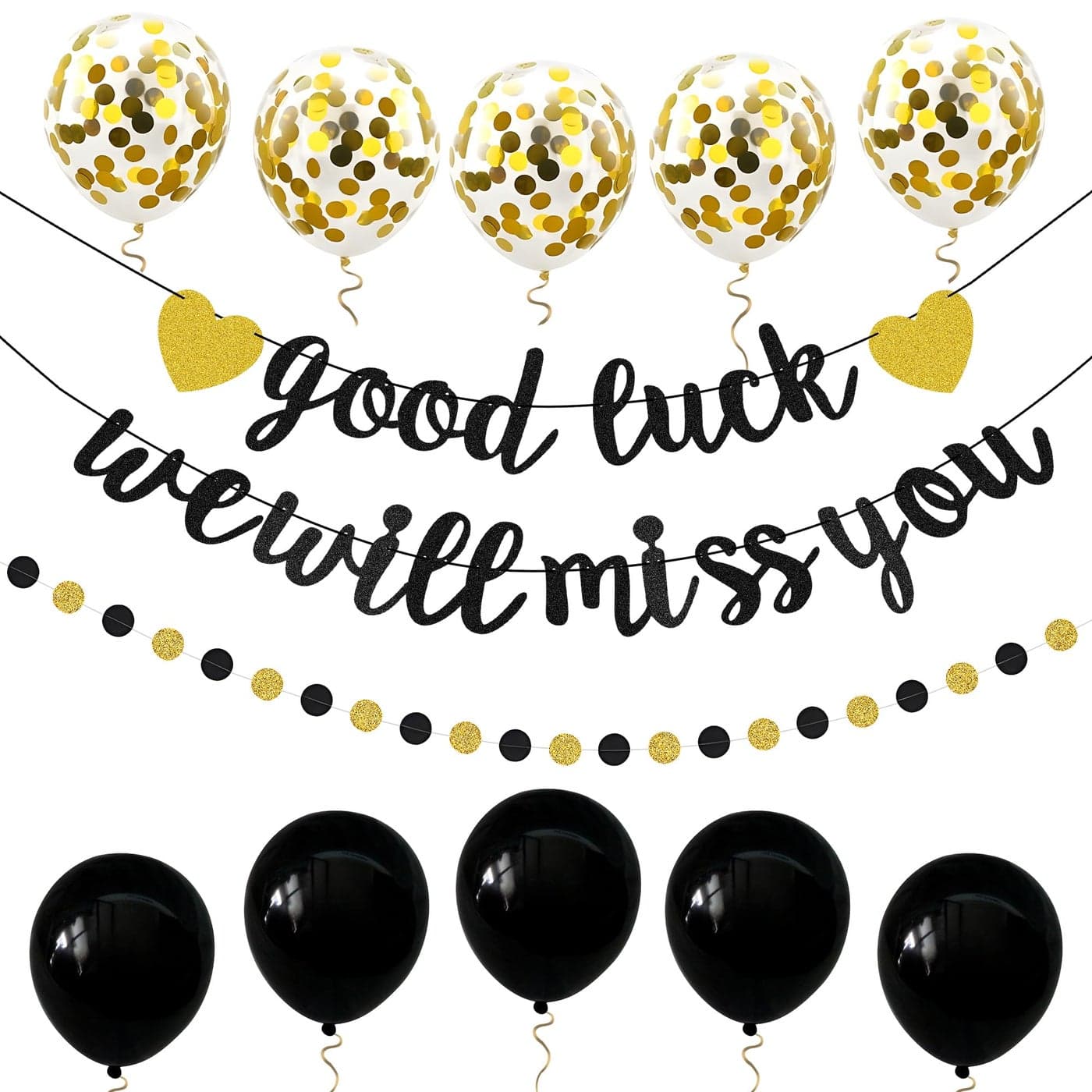 Good Luck We Will Miss You Banner Glitter Black Gold Banner Balloon Garland Decorations Supplies for Retirement Party Goodbye Party Going Away Party Graduation Leaving Away Office Home Farewell Party