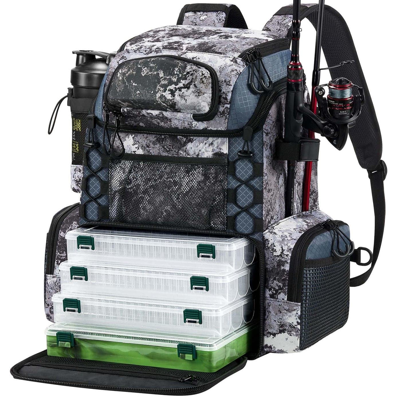 Piscifun Fishing Tackle Backpack with Rod Holders 4 Tackle Boxes Outdoor Fishing Bag with Waterproof Rain Cover Veil Camouflage