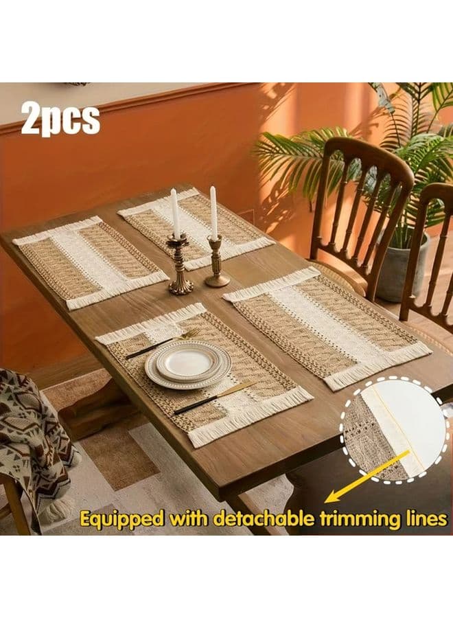 Brown Bohemian Burlap Placemats 2pcs Hand Woven Linen Blend Rectangular Table Mats